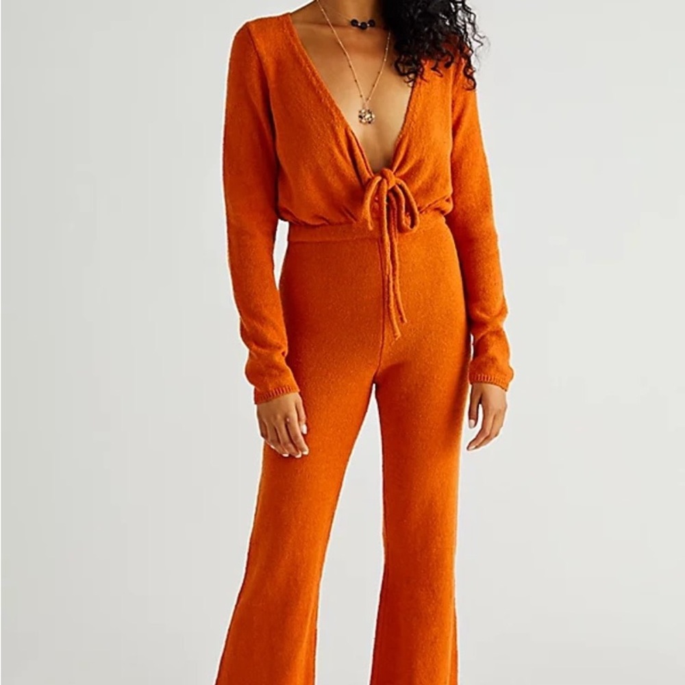 New Free People Beach Lindsay Sweater Jumpsuit Size Small MSRP: $108 Orange
